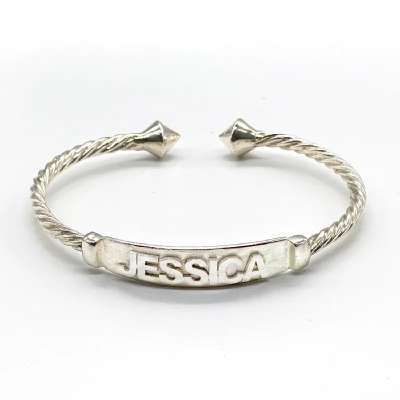 Custom Wedding Bangle Bracelets-Better Jewelry Personalized .925 Sterling Silver Nameplate Coiled Rope Bangle w. Thick Pyramid Ends (Made in USA)