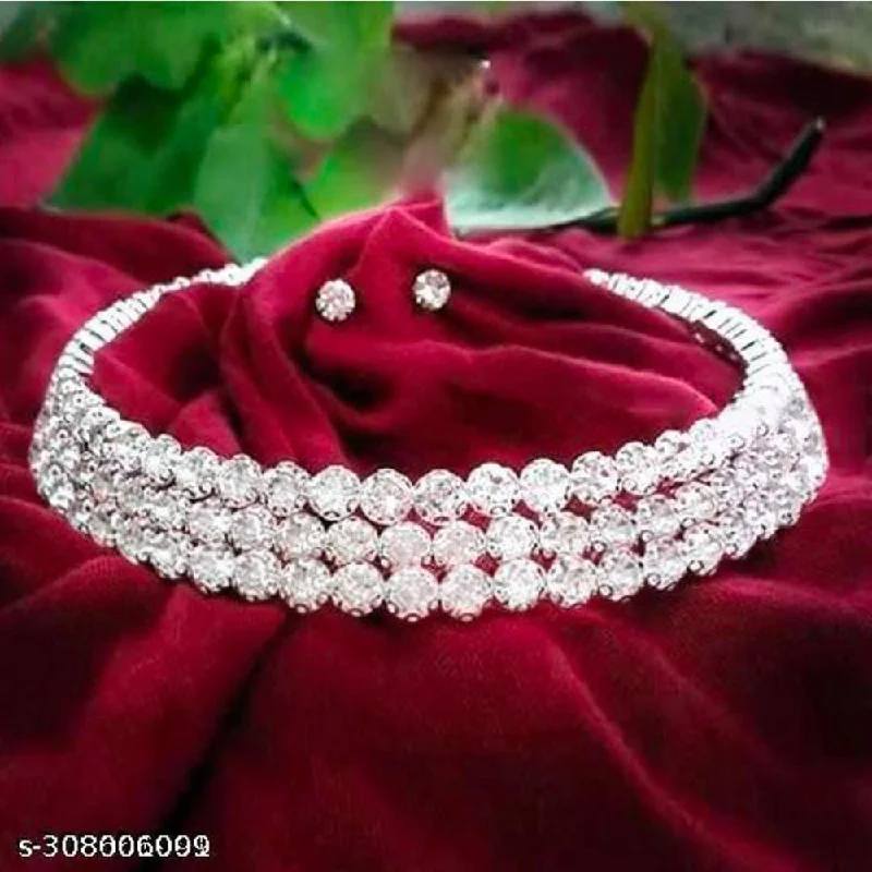 Diamond Choker Necklaces-Pooja Bangles Silver Plated AD Stone Necklace Set