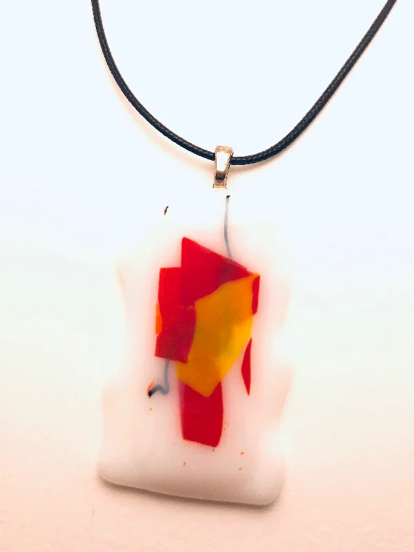 Boho Necklace for Women-Necklace with fused Glass Pendant, large Pendant, white with red and yellow