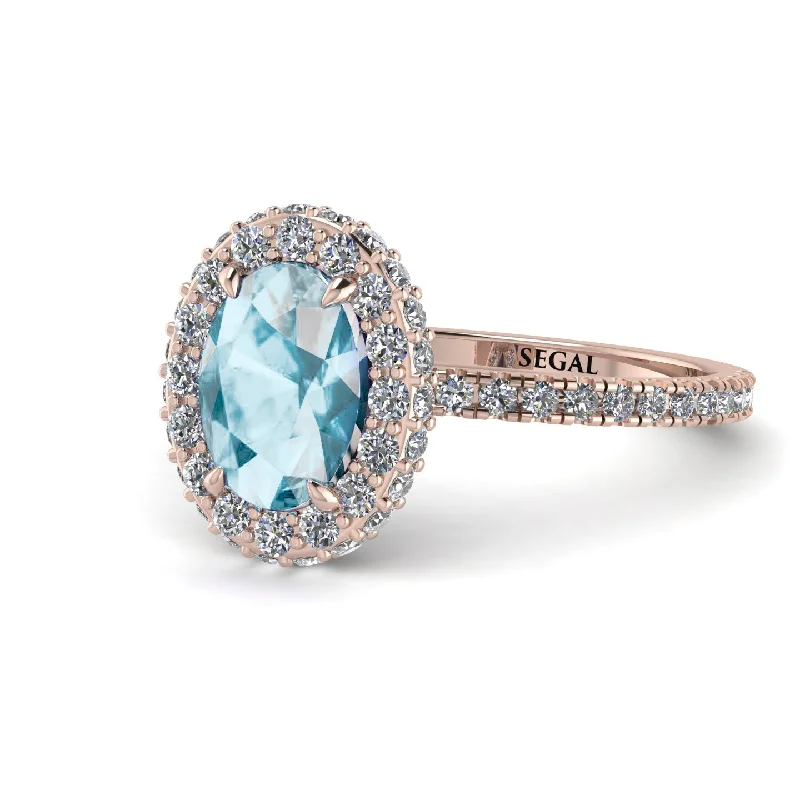 Birthstone Rings for Women-Oval Aquamarine Halo Hidden Diamonds Ring - Amy No. 402