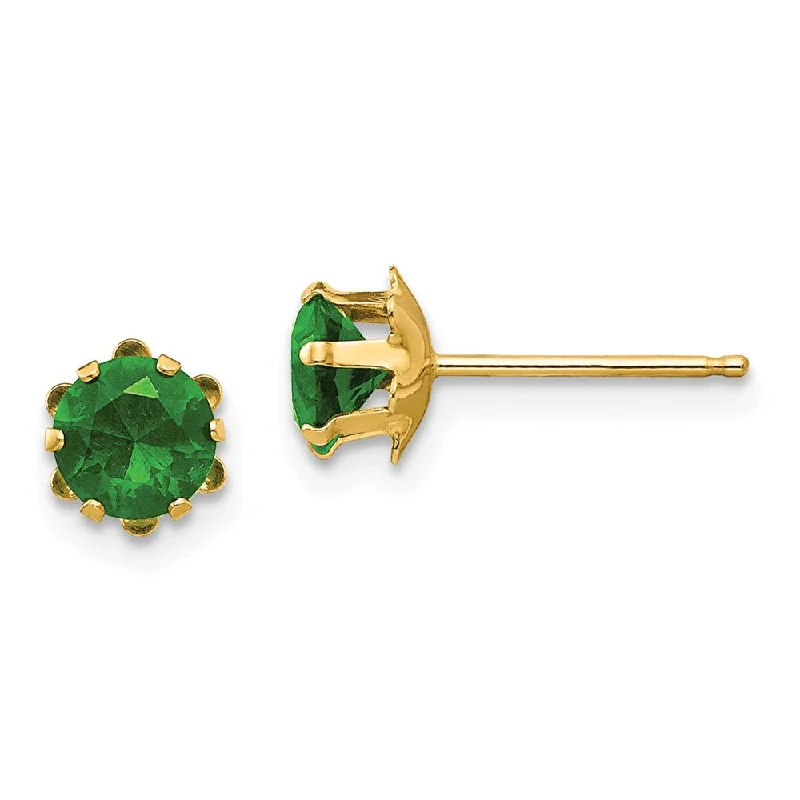 Large Gemstone Earrings-Kids 5mm Synthetic Emerald Birthstone 14k Yellow Gold Stud Earrings