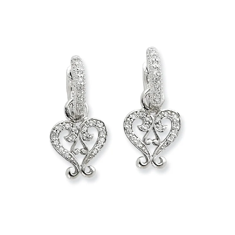 Trendy Earrings for Women-Rhodium Sterling Silver & CZ Heart, Hinged Hoop Earrings, 12 x 25mm