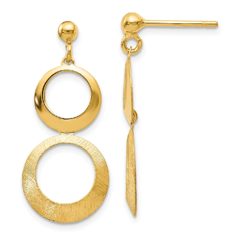 Rose Gold Earrings-Polished & Brushed Double Circle Dangle Earrings in 14k Yellow Gold