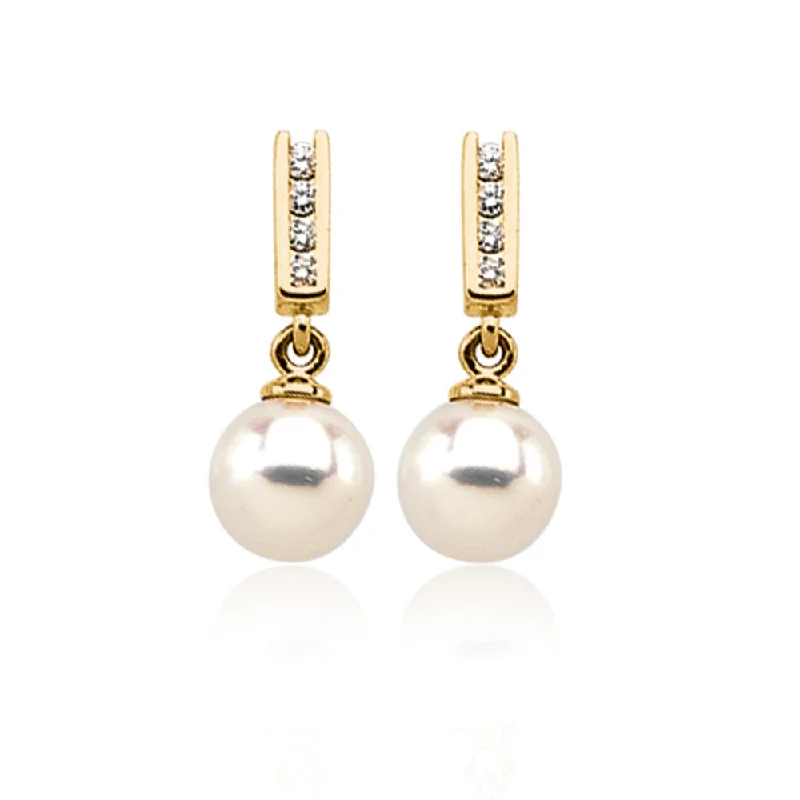 Gold Crystal Earrings-14k Yellow Gold Akoya Cultured Pearl & 1/8 Ctw Diamond Earrings