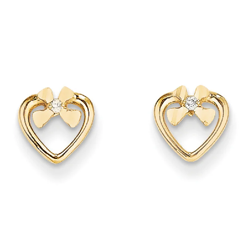 Trendy Wedding Earrings-Kids 7mm Heart and Cubic Zirconia Bow Post Earrings in 14k Yellow Gold