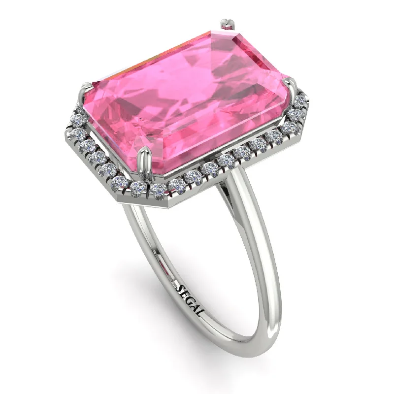 Customizable Bridal Rings-Halo Emerald Cut Pink Moissanite Engagement Ring - Izabella No. 803