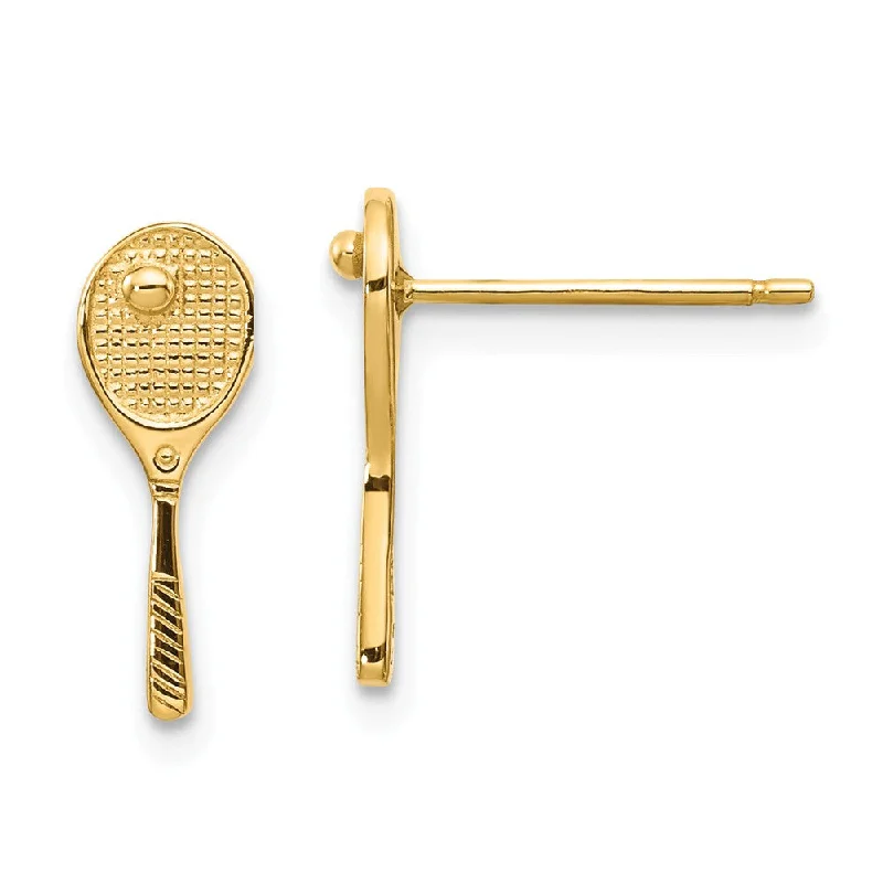 Minimalist Earrings-Mini Tennis Racquet and Ball Post Earrings in 14k Yellow Gold