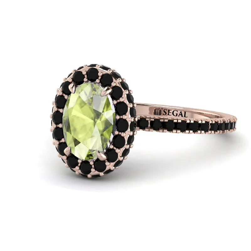 Gemstone Engagement Rings-Oval Peridot Halo Hidden Black Diamonds Ring - Amy No. 708