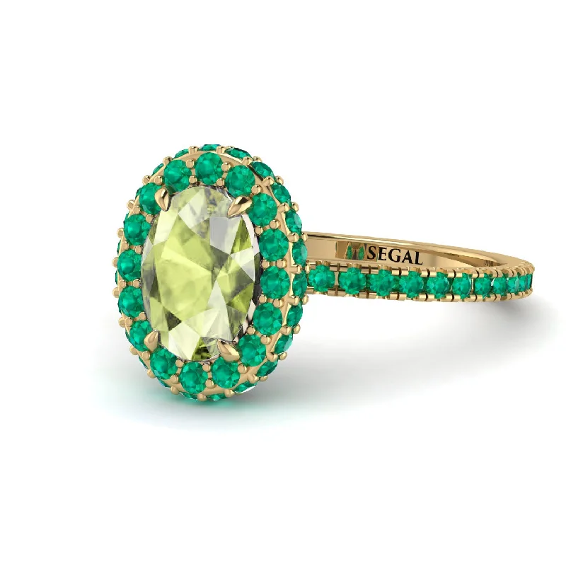 Large Gemstone Rings-Oval Peridot Halo Hidden Emeralds Ring - Amy No. 704