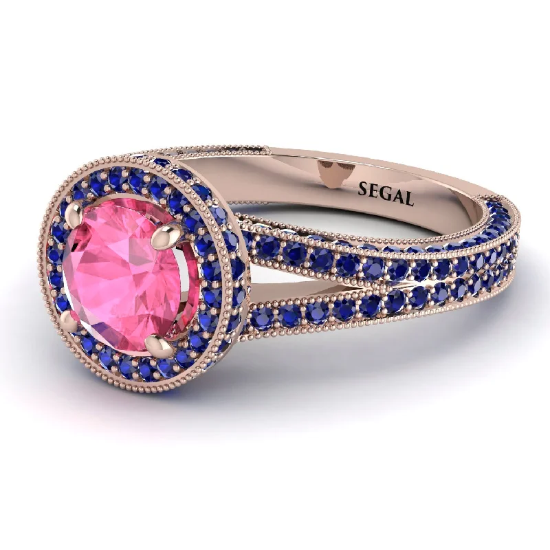 Unique Gemstone Wedding Rings-Milgrain Round Pink Moissanite Engagement Ring - Payton No. 814