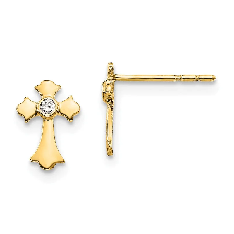 Crystal Hoop Earrings-Children's 14k Yellow Gold & CZ 9mm Fleur de Lis Cross Post Earrings