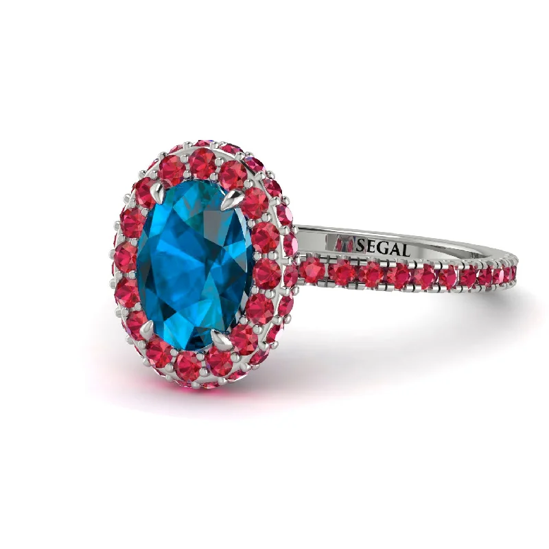 Personalized Birthstone Rings-Oval Blue Topaz Halo Hidden Rubies Ring - Amy No. 512