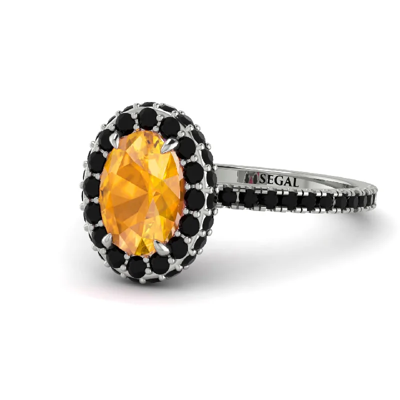 Sterling Silver Rings-Oval Yellow Diamond Halo Hidden Black Diamonds Ring - Amy No. 1009