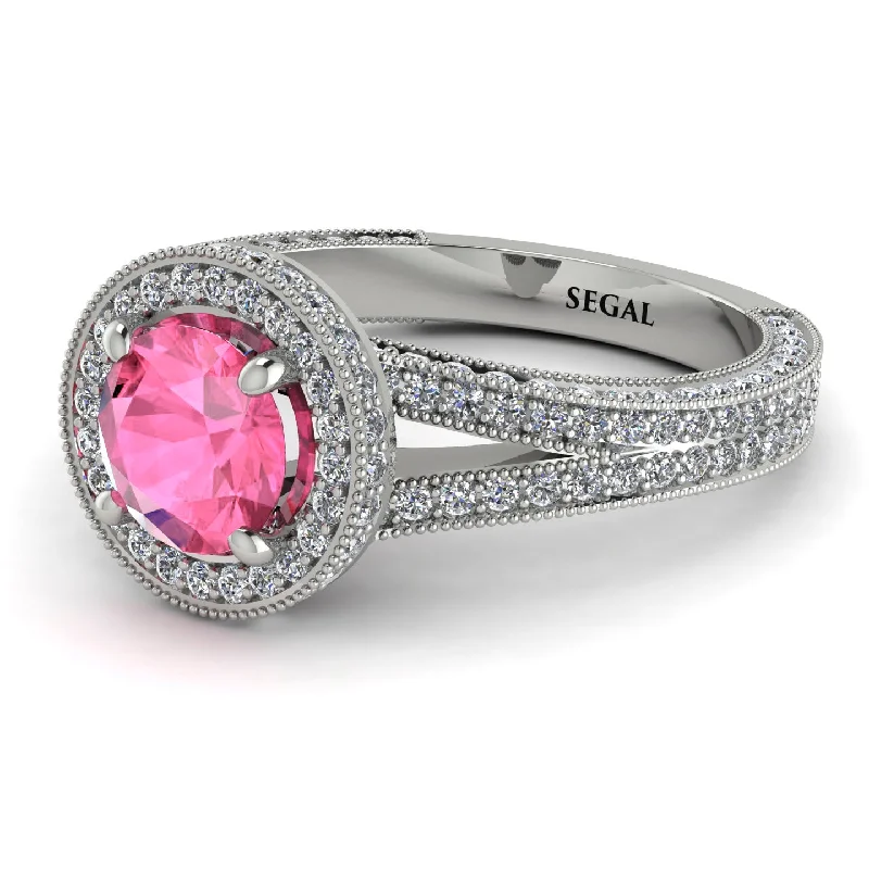 Modern Gold Wedding Bands-Milgrain Round Pink Moissanite Engagement Ring - Payton No. 803