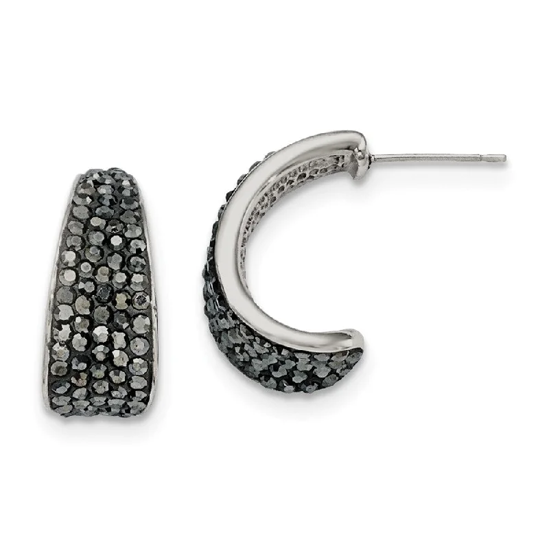 Custom Wedding Earrings-Black Crystal Tapered Half Hoop Post Earrings in Stainless Steel