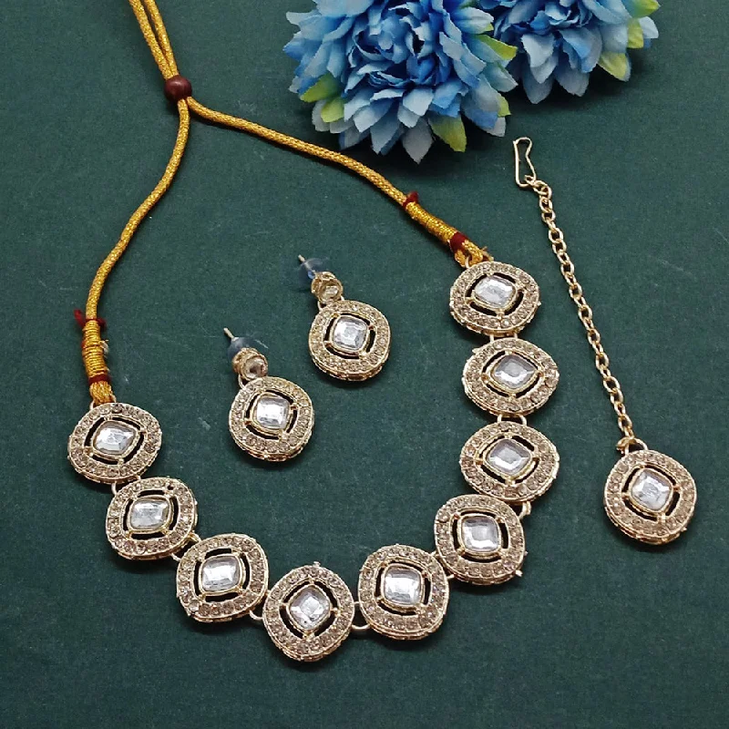 Custom Silver Necklaces-Gehana Mahal Gold Plated Crystal Stone Squre Shape Choker Necklace Set