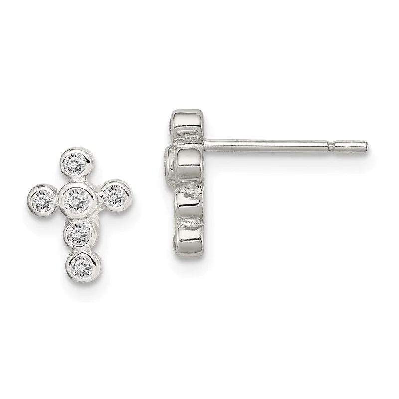 Statement Gemstone Earrings-Kids 9mm Cubic Zirconia Cross Earrings in Sterling Silver