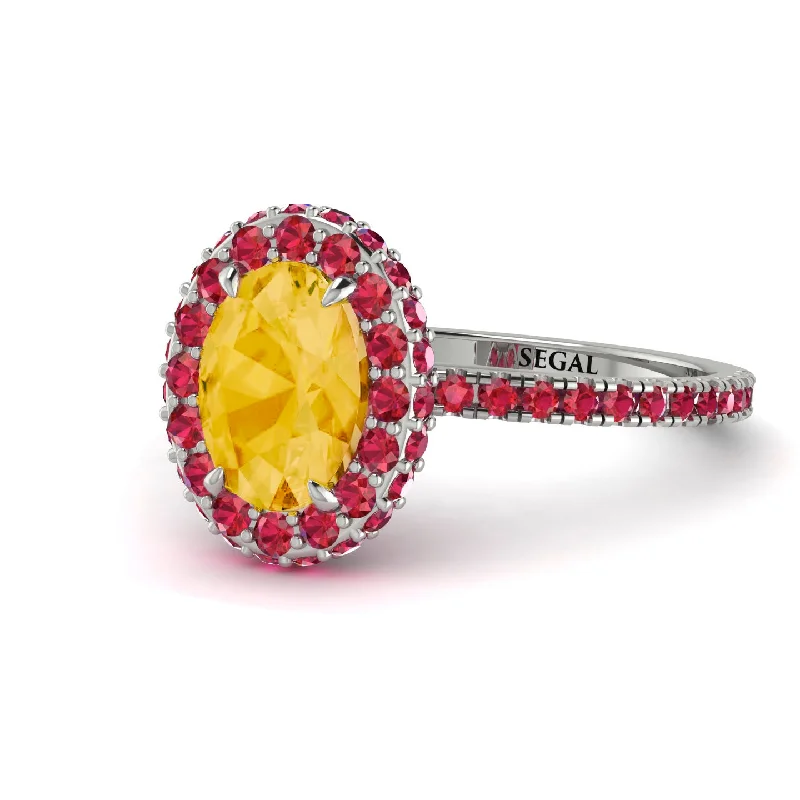 Unique Gold Rings-Oval Citrine Halo Hidden Rubies Ring - Amy No. 612