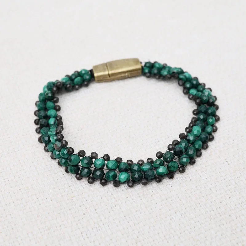 Elegant Birthstone Bracelets-Hand Woven Soft Bracelet of Malachite & Smokey Quartz Trim Bracelet