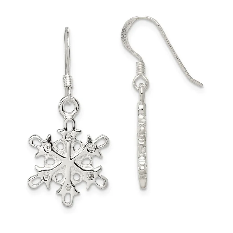 Unique Silver Earrings-Sterling Silver Polished and Satin CZ Snowflake Dangle Earrings