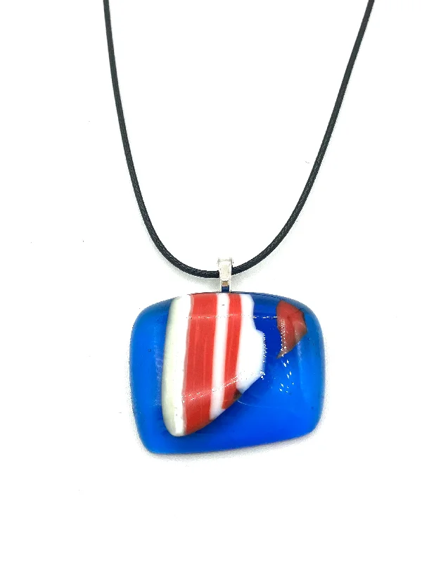 Modern Pendant Necklaces-Necklace with Fused Glass Pendant, Large Pendant, Blue with Stripes