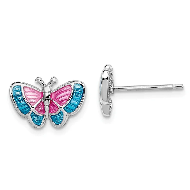 Big Statement Earrings-Pink and Blue Enameled Butterfly Post Earrings in Sterling Silver