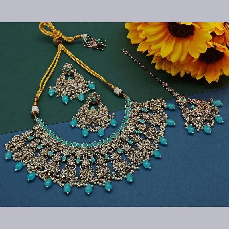 Designer Choker Necklaces-Sai Fashion Gold Plated Crystal Stone And Beads Necklace Set