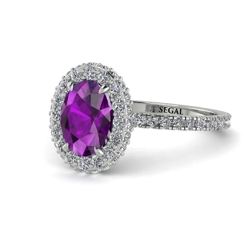 Custom Wedding Rings-Oval Amethyst Halo Hidden Diamonds Ring - Amy No. 303