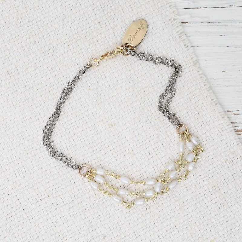 Simple Gold Link Bracelets-Multi Strand Rice Pearls Two Tone Bracelet