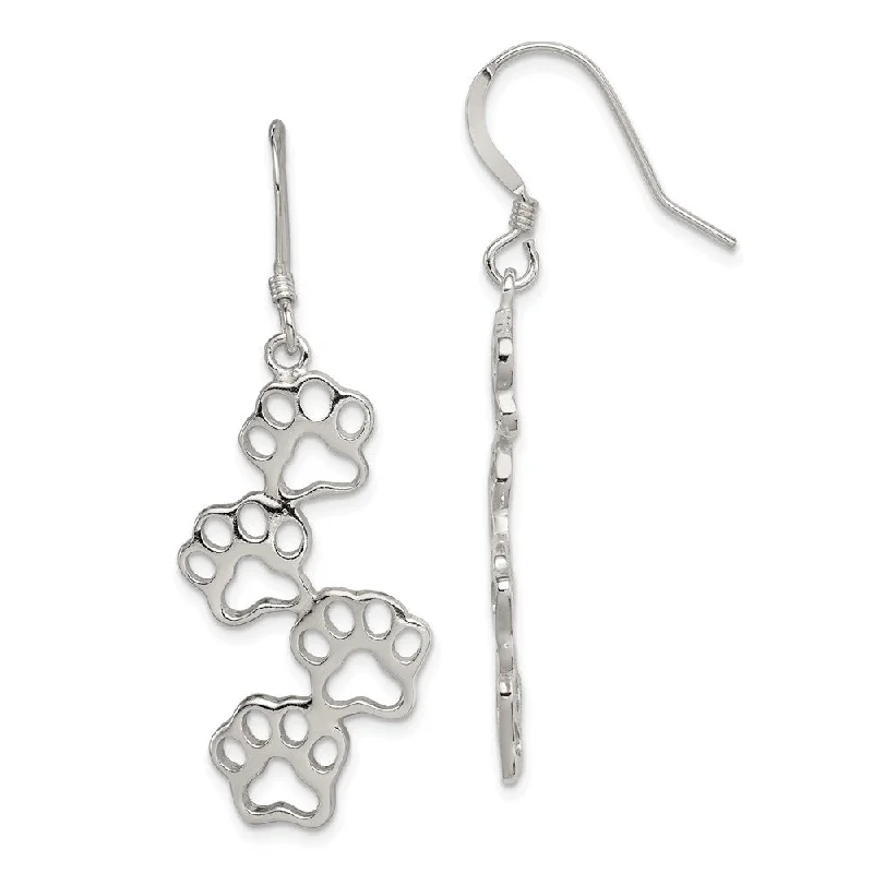 Dainty Silver Earrings-Polished Paw Prints Dangle Earrings in Sterling Silver