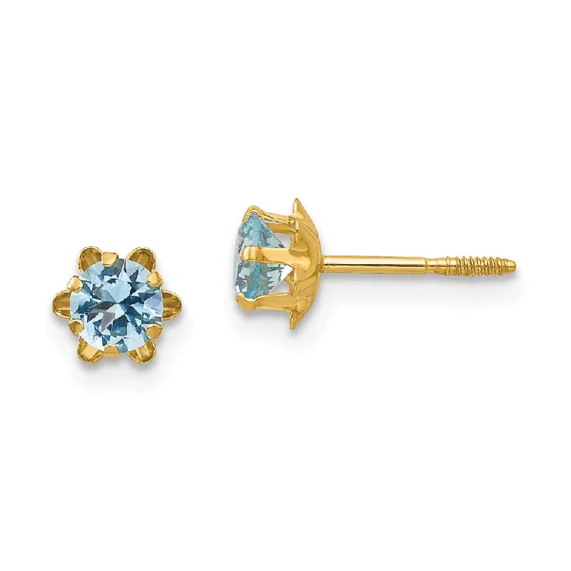 Cute Hoop Earrings-Kids 14k Yellow Gold 4mm Synthetic Aquamarine Screw Back Stud Earrings