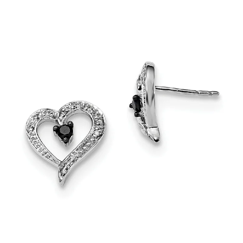 Premium Silver Earrings-Black & White Diamond 11mm Open Heart Post Earrings in Sterling Silver