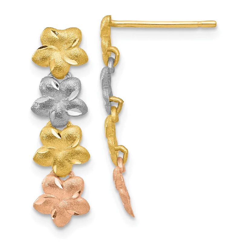 Gold Stud Earrings-Stacked Plumeria Blossom Post Earrings in 14k Tri Color Gold