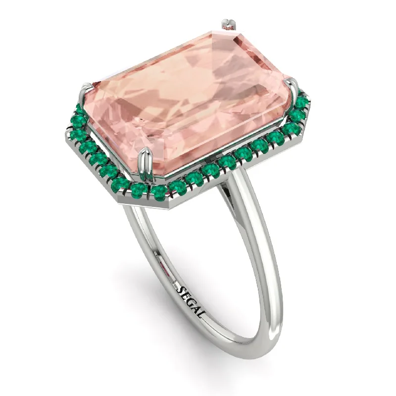 Gold and Silver Rings-Halo Emerald Cut Morganite Engagement Ring - Izabella No. 906