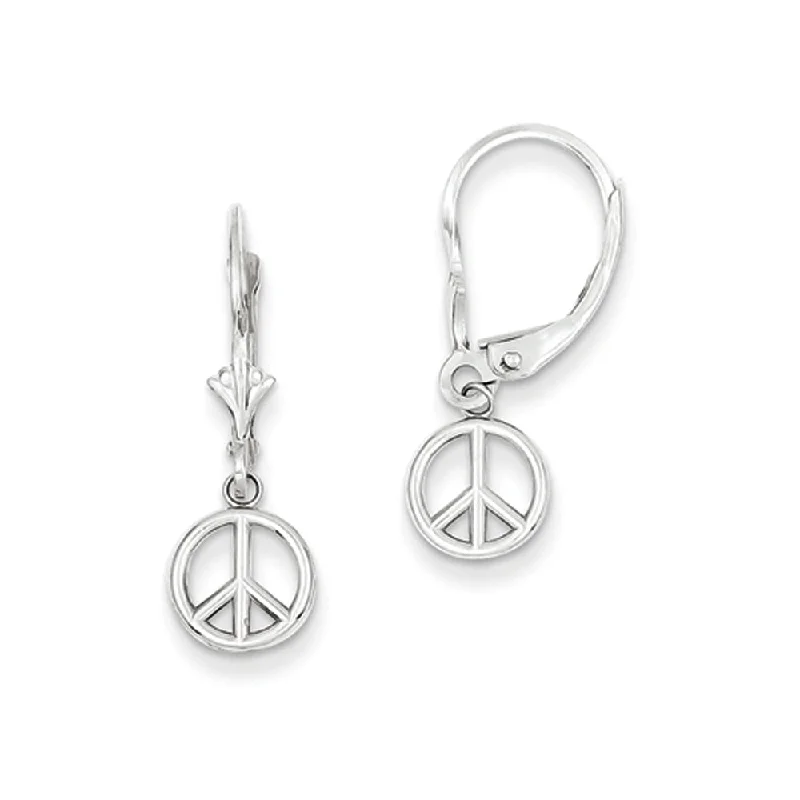 Gemstone Stud Earrings-8mm 3D Peace Sign Lever Back Earrings in 14k White Gold