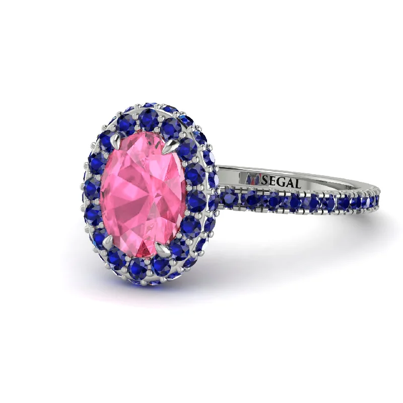 Women’s Engagement Rings-Oval Pink Moissanite Halo Hidden Sapphires Ring - Amy No. 815