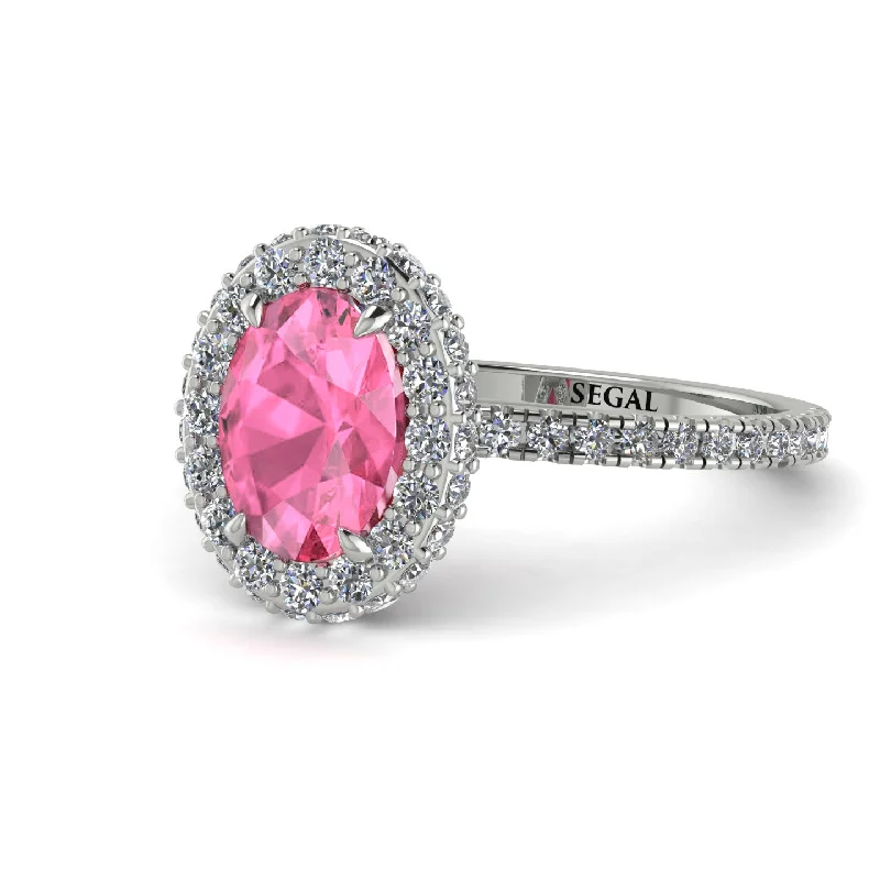 Unique Engagement Rings-Oval Pink Moissanite Halo Hidden Diamonds Ring - Amy No. 803