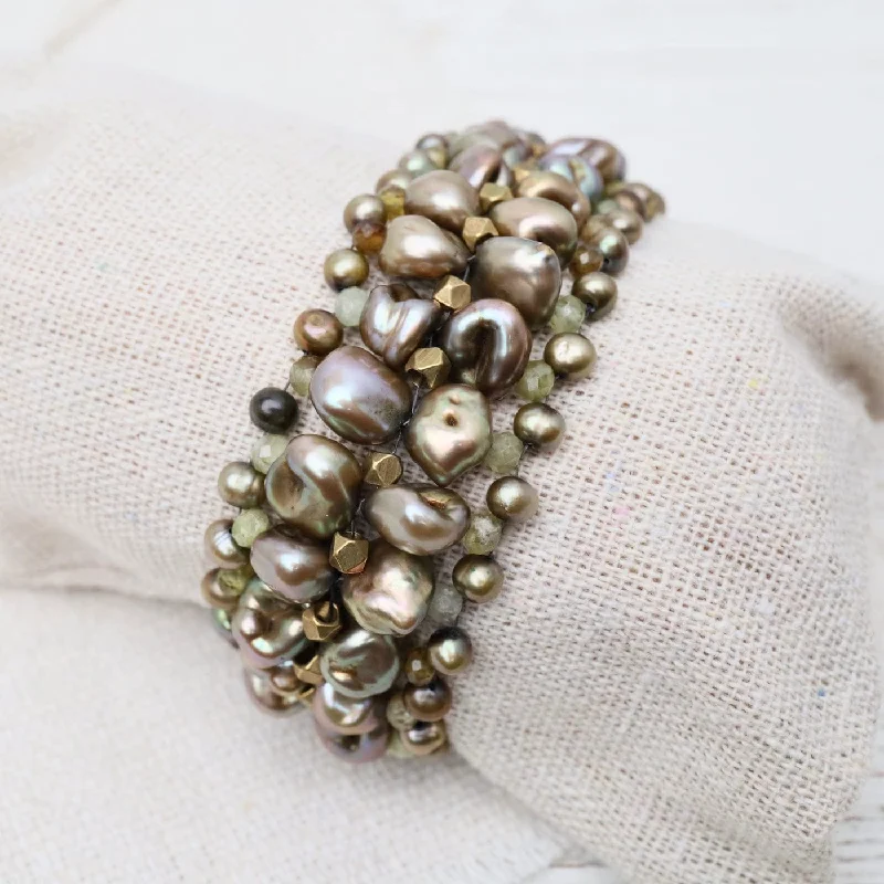 High-Quality Gold Bracelets-Hand Woven Soft Bracelet of Grey-Green Pearls