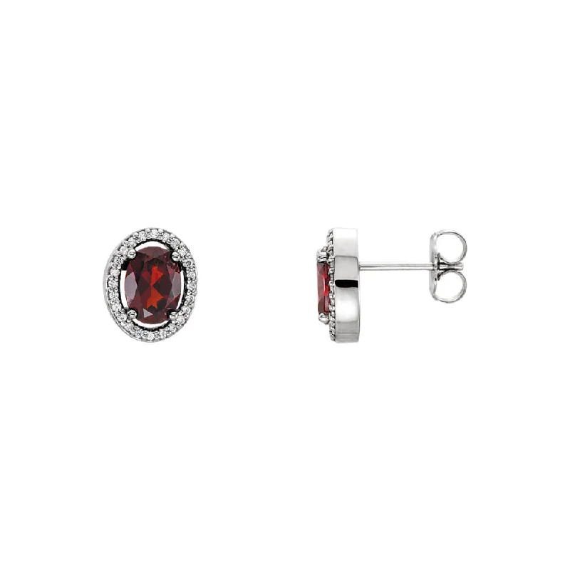 Pretty Pearl Earrings-Oval Mozambique Garnet & Diamond Halo Earrings in 14k White Gold