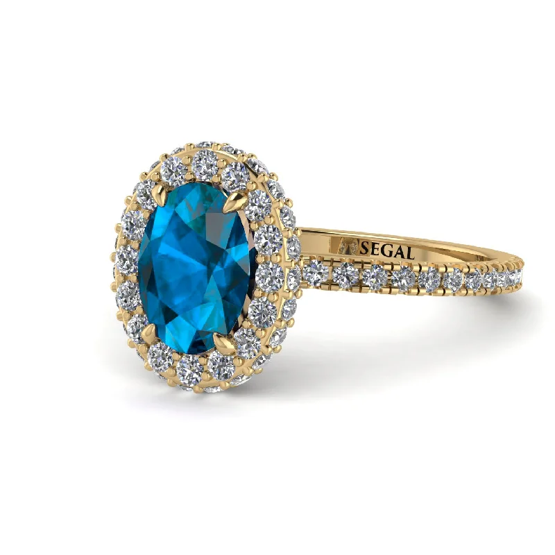 Stunning Gemstone Rings-Oval Blue Topaz Halo Hidden Diamonds Ring - Amy No. 501