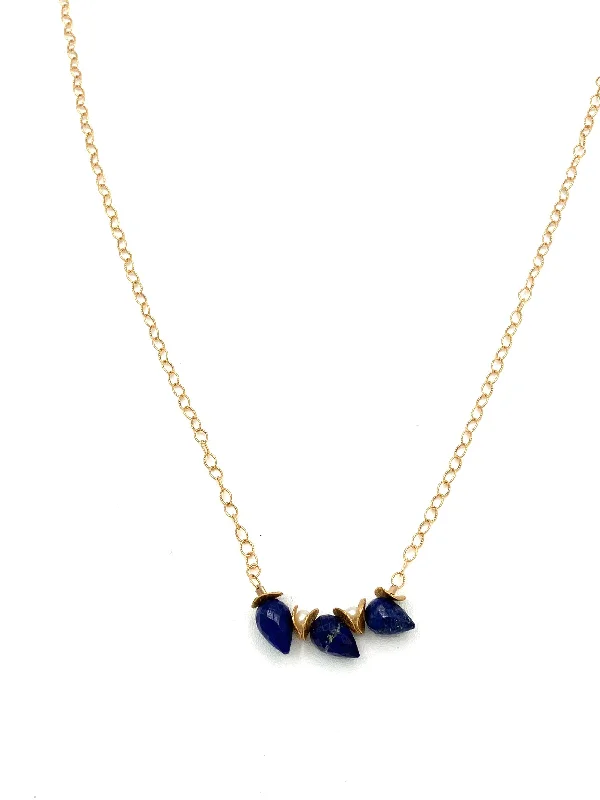 Designer Silver Pendant Necklaces-Signature Lapis Buds with Fresh Water Pearl Gold Necklace