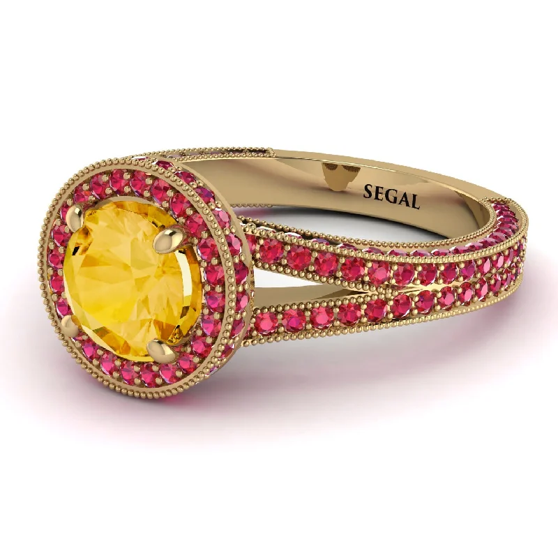 Designer Diamond Wedding Rings-Milgrain Round Citrine Engagement Ring - Payton No. 610