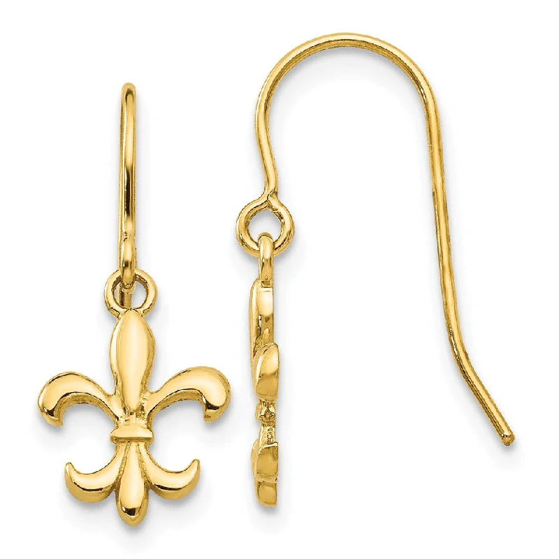 Large Gemstone Earrings-Small Polished Fleur De Lis Dangle Earrings in 14k Yellow Gold