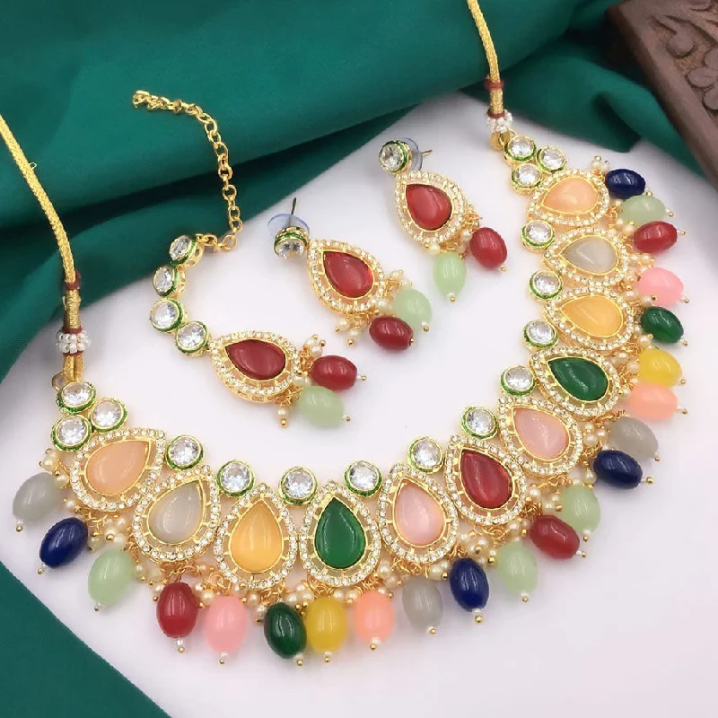 Simple Gemstone Pendant Necklaces-5G Jewellery Gold Plated Crystal Stone And Beads Necklace Set