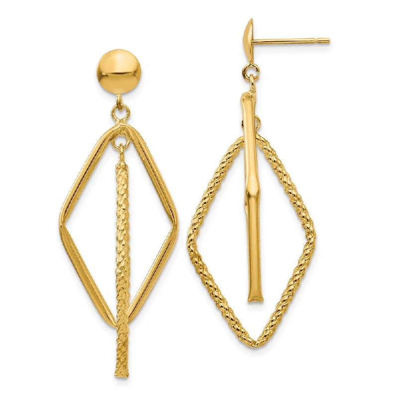 Small Hoop Earrings-Double Rhombus Dangle Post Earrings in 14k Yellow Gold