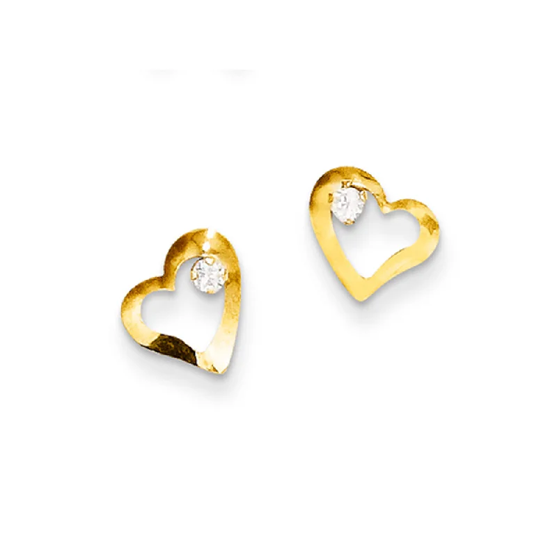 Custom Hoop Earrings-8mm Open Heart and Cubic Zirconia Post Earrings in 14k Yellow Gold