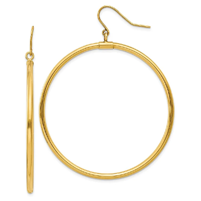 Luxury Drop Earrings-2mm, 14k Yellow Gold, Extra Large Tube Hoop Dangle Earrings, 45mm