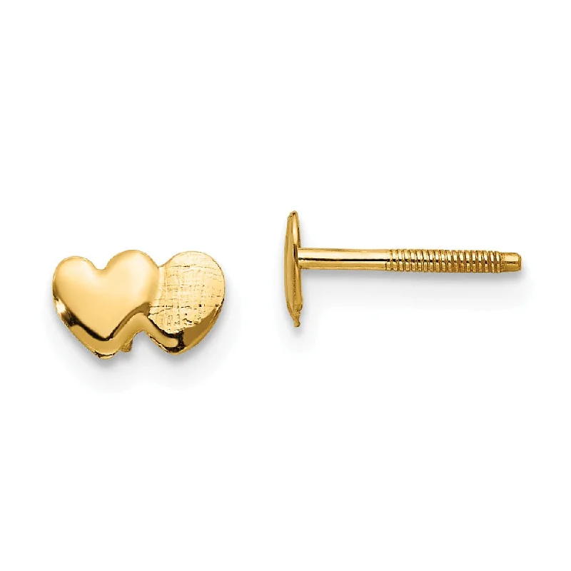 Artistic Earrings-Kids Double Heart Screw Back Post Earrings in 14k Yellow Gold