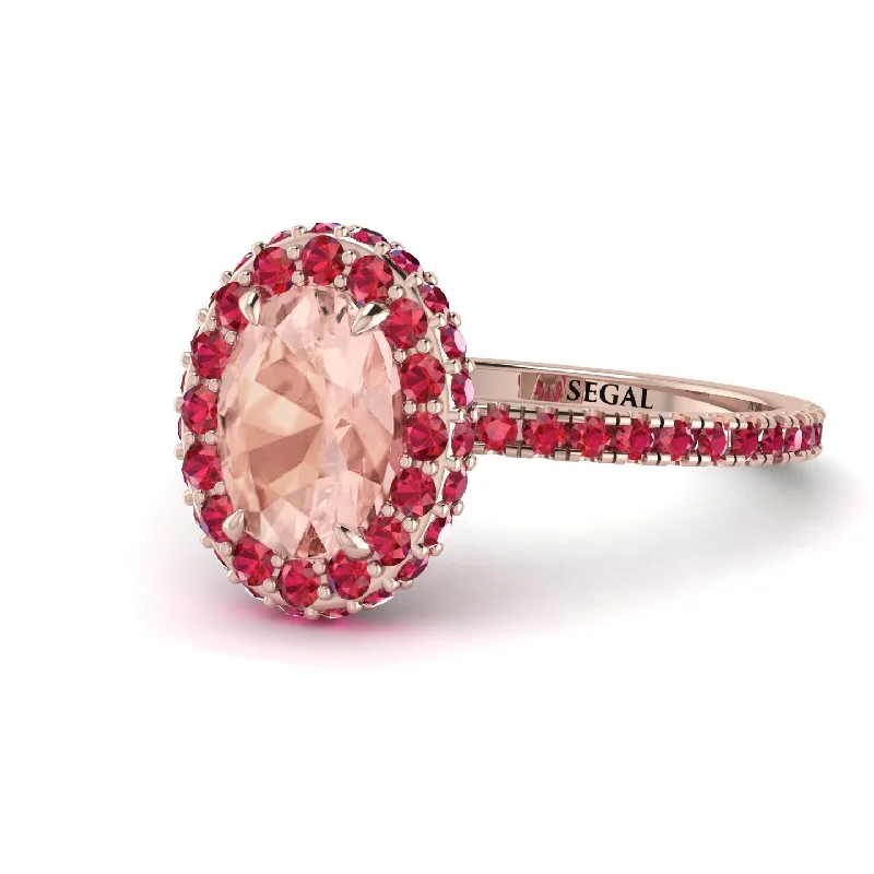 Luxury Engagement Rings-Oval Morganite Halo Hidden Rubies Ring - Amy No. 911