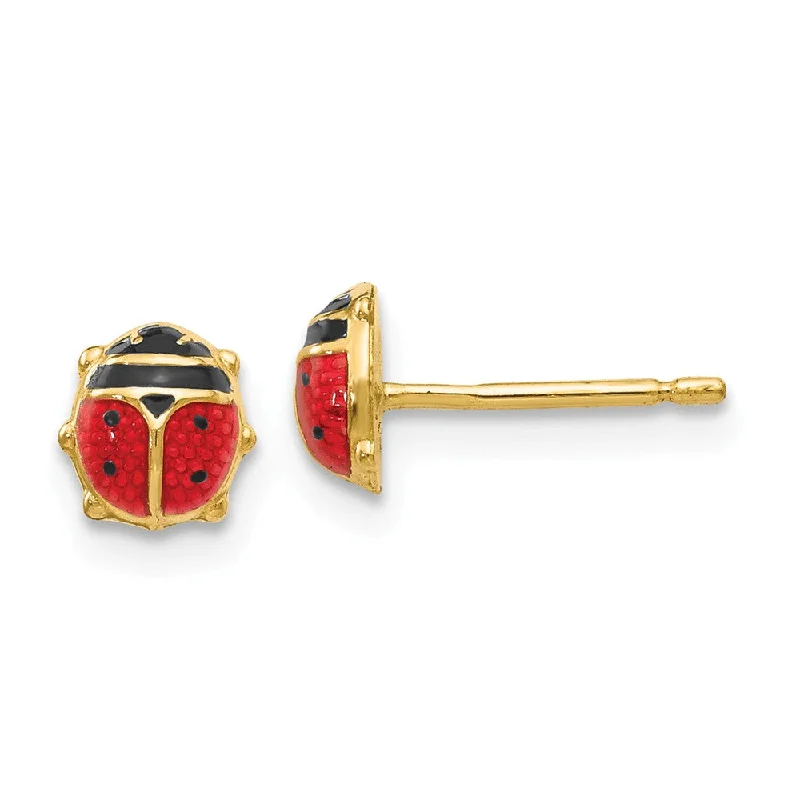 Stylish Stud Earrings for Women-Kids 5mm Red Ladybug Post Earrings in 14k Yellow Gold and Enamel